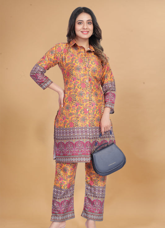 Megenta Printed Co-ord Set, Stylish Collar Kurti & Pant Set
