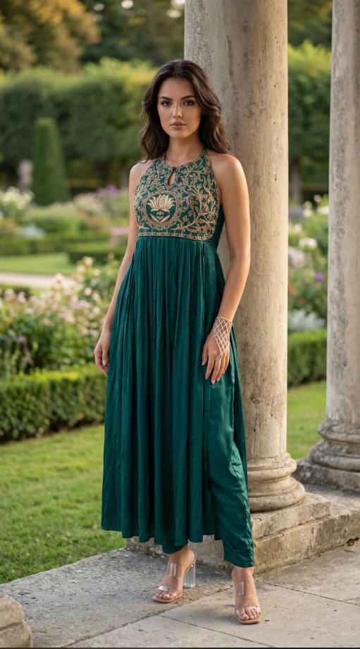 Royal Empire gold hand embroidery Green Crepe Set