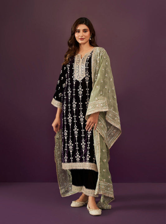 Purple Velvet Luxury kurti set with a dupatta