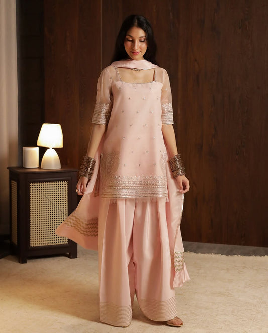 Rose Pink Silk Organza Zardosi Embroidered Sharara Set