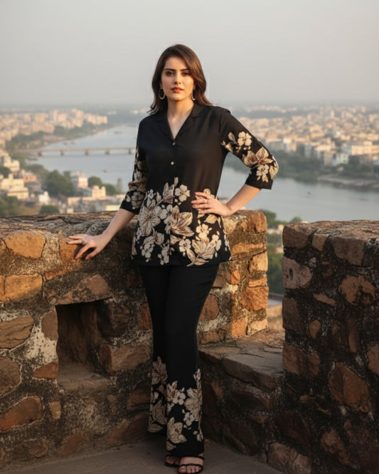 Black Cotton Printed Cot suit with pajama