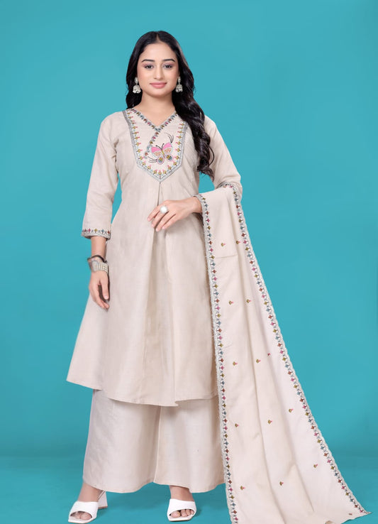 Cream Kurti Pajama With Dupatta Embroidery work