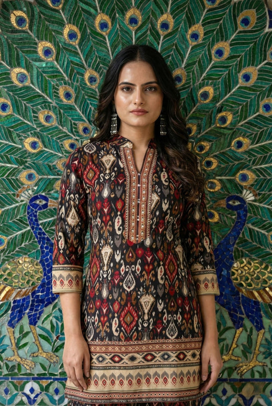 Floral Multi Geometric Printed Co-ords Set with Coat.