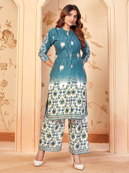 Blue Viscose Rayon Kurti with Pyjamas