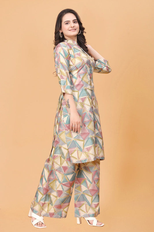 Geometric Print Cotton Kurti Palazzo Set, Pastel Colors
