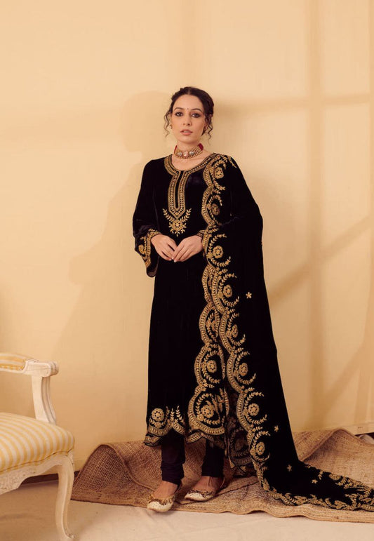 Black Zari Viscose Salwar Embroidery Anarkali Set