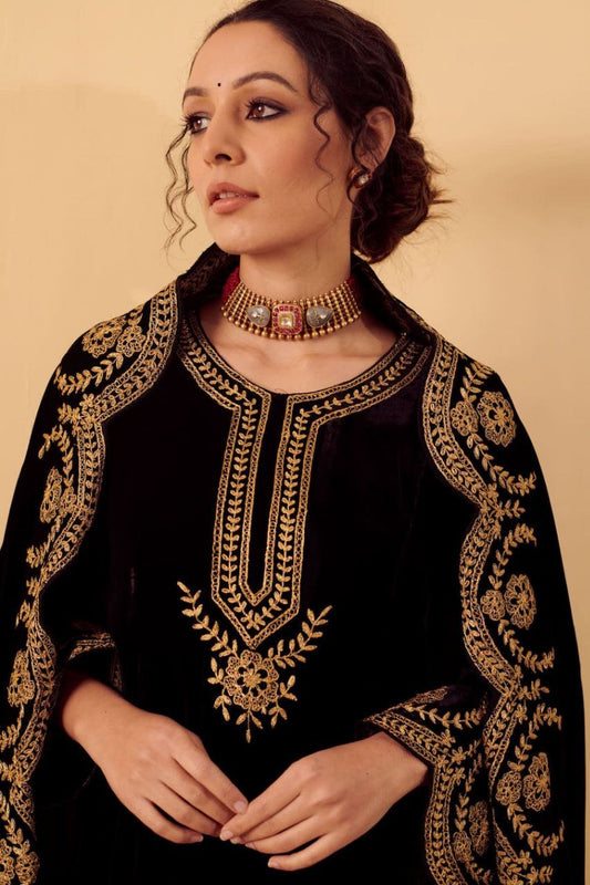 Black Zari Viscose Salwar Embroidery Anarkali Set