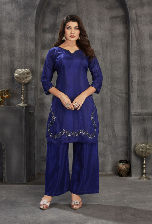 BlueWear Embroidery and beads Work Kurti with Palazzo Set