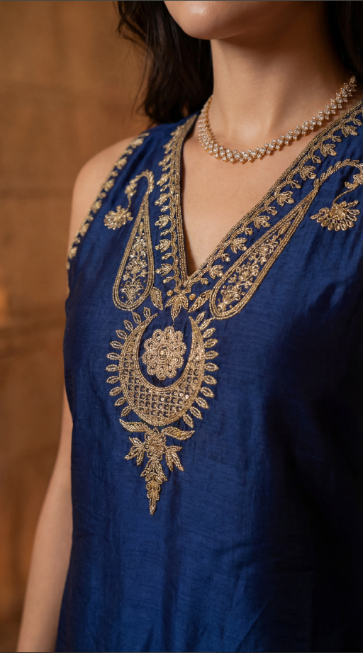 Russian Silk Kurti with Embroidery neckline & Dupatta suit set