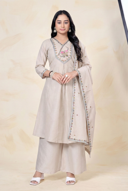 Cream Kurti Pajama With Dupatta Embroidery work