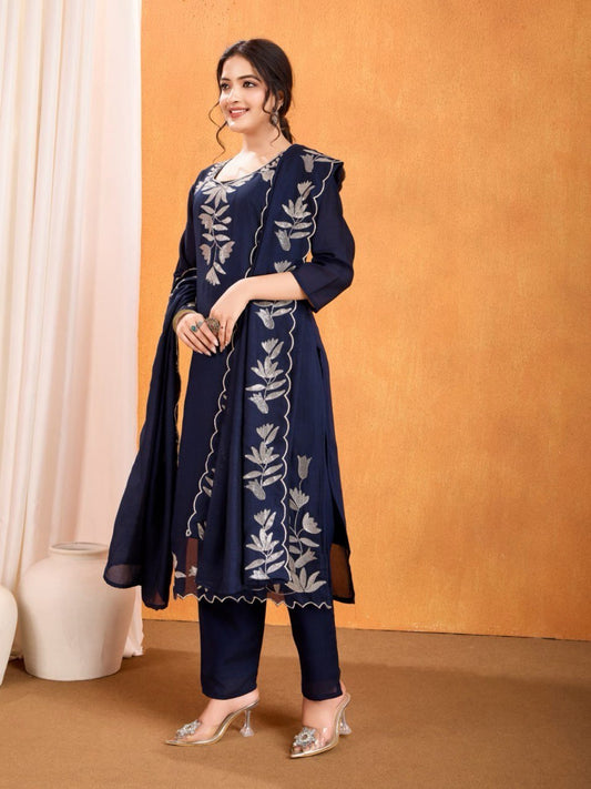 Navu Blue Ethnic Embroidery Work Kurti & Pant With Dupatta