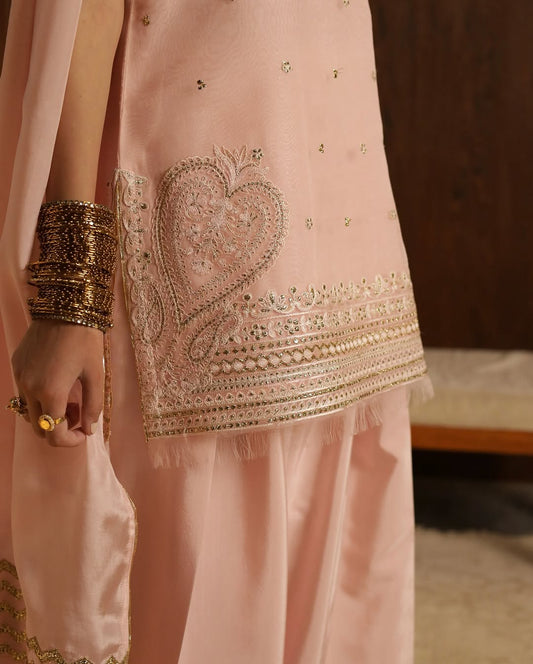 Rose Pink Silk Organza Zardosi Embroidered Sharara Set