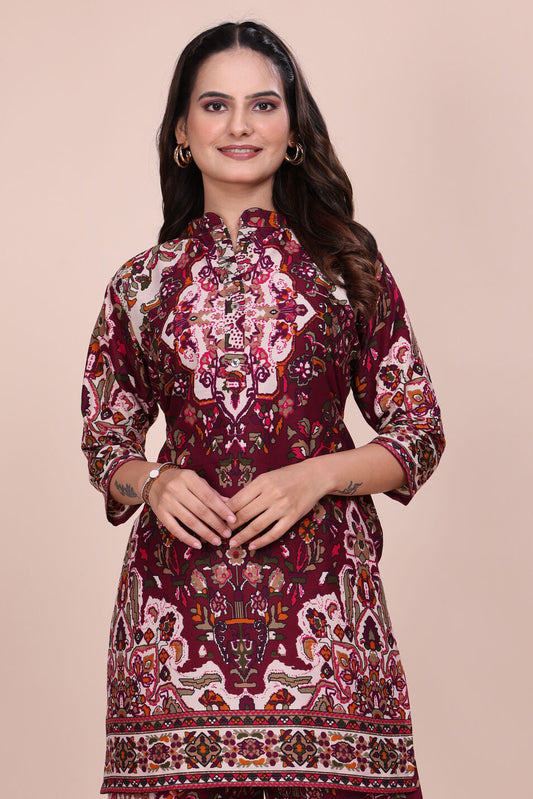 Ethnic Straight Wine Floral Printed Tunic With Palazzos