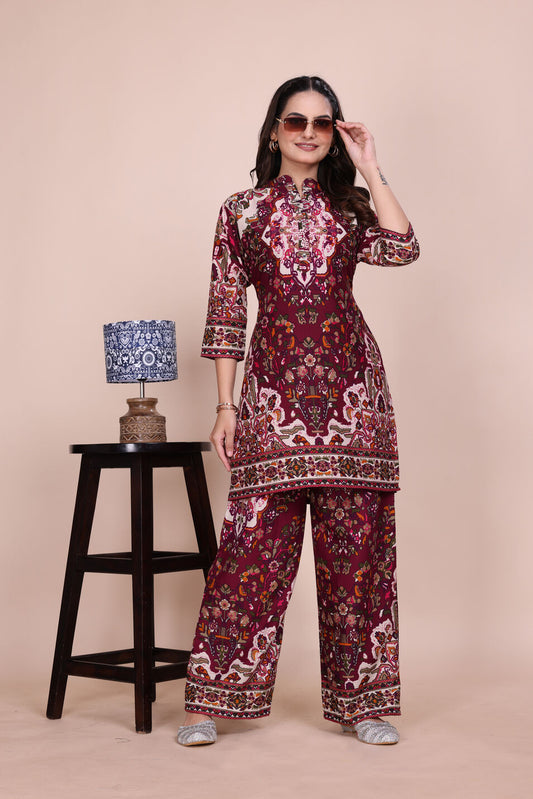 Ethnic Straight Wine Floral Printed Tunic With Palazzos