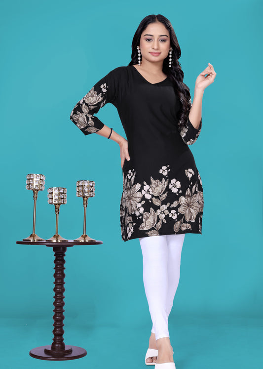 Black Floral Printed A-line Straight Tunic.