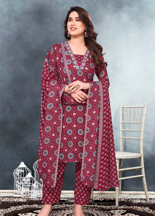 Stylum Floral Printed Cotton Straight Kurti Pant Dupatta Set