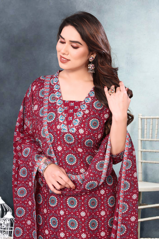 Stylum Floral Printed Cotton Straight Kurti Pant Dupatta Set