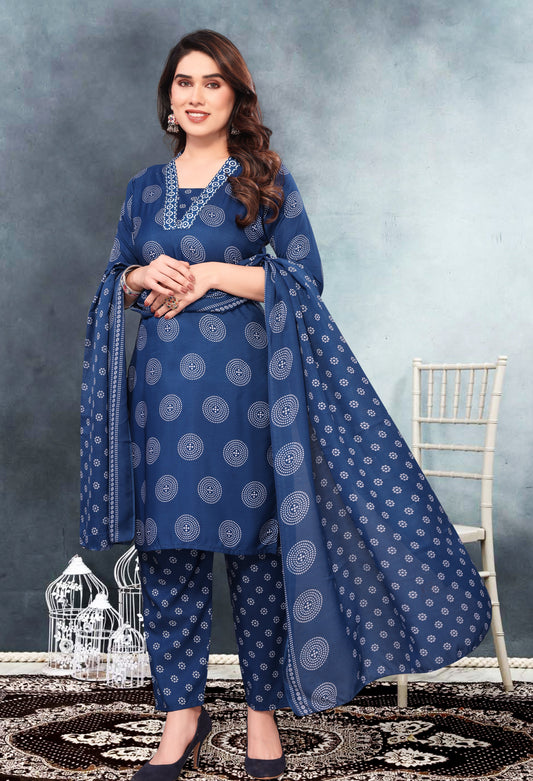 Floral Pure Cotton embroidery Kurti with Pajama and Dupatta