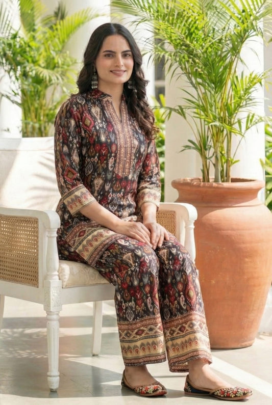 Floral Multi Geometric Printed Co-ords Set with Coat.