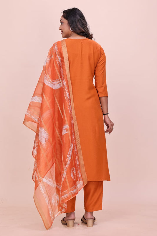 Kalakurti Orange Kurti Pajama With Dupatta Embroidery work