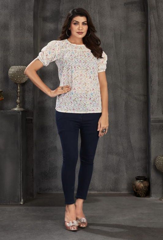 White Ethnic Motifs Half Sleeve Cotton Short Kurti Top