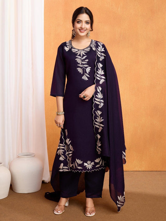 Purple Ethnic Blue Embroidery Work Kurti with Polo Pant Set