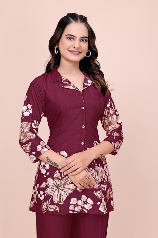 Wine Cotton Printed Cot suit