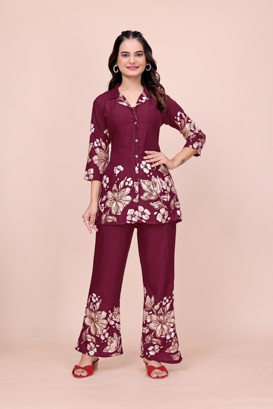 Wine Cotton Printed Cot suit