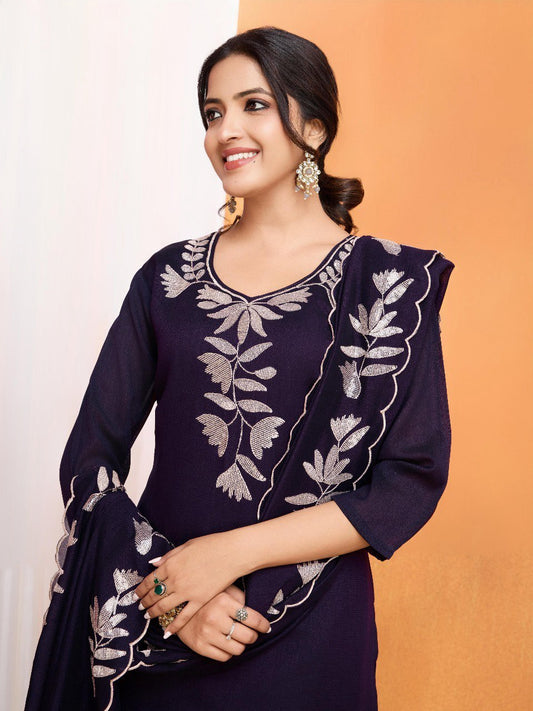 Purple Ethnic Blue Embroidery Work Kurti with Polo Pant Set